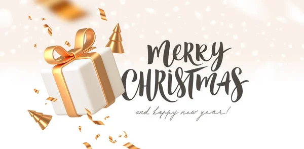 Weihnachtsgrußkarte Mit Geschenkbox Und Weihnachtsbäumen Rendering Realistische Geschenkbox Mit Goldener — Stockvektor