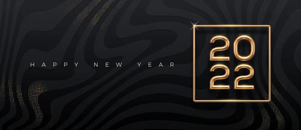 2022 Nowy Rok Złote Logo Abstrakcyjnym Tle Czarnych Fal Powitalny — Wektor stockowy