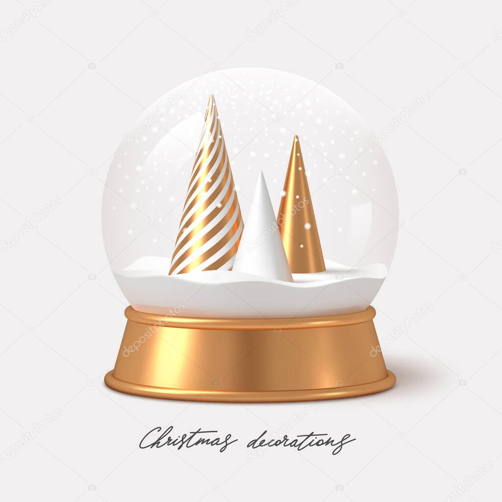 Realistic 3d render snowglobe with abstract golden Christmas trees. Christmas decoration. Vector illustration.