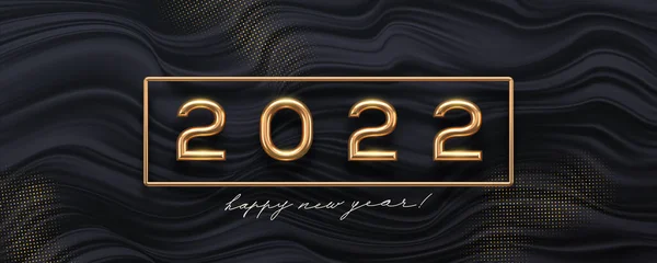 抽象的な黒い波の背景に2022年の新年の黄金のロゴ 年の現実的な金の金属番号とグリーティングデザイン グリーティングカード 招待状 カレンダー等のデザイン — ストックベクタ