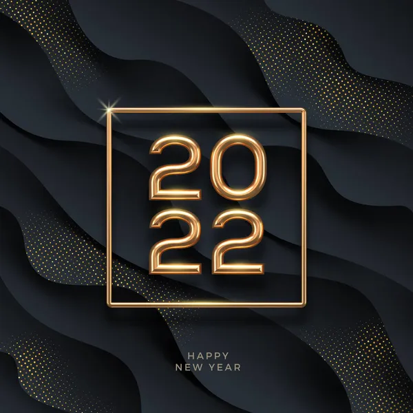 2022 Año Nuevo Logotipo Oro Sobre Fondo Abstracto Ondas Negras — Vector de stock