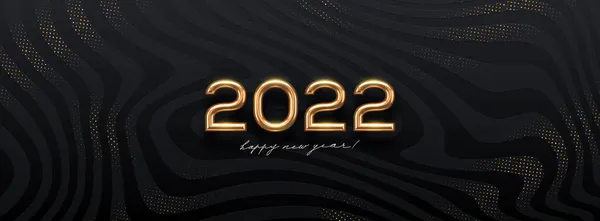 2022 New Year Golden Logo Abstract Black Waves Background Greeting — Stock Vector