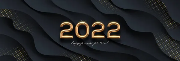 2022 Νέο Έτος Χρυσό Λογότυπο Αφηρημένα Μαύρα Κύματα Φόντο Χαιρετισμός — Διανυσματικό Αρχείο