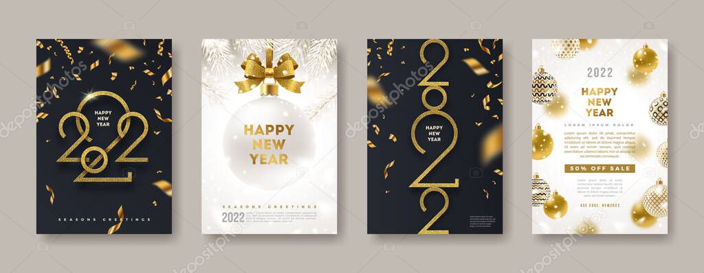 Set of greeting card with golden 2022 New Year logo. New year glitter gold sign, Vector illustration. Holiday design for greeting card, invitation, cover, calendar, etc.