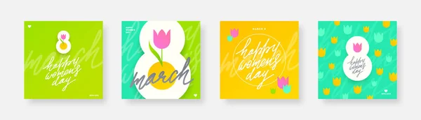 Glückliche Glückwunschkarte Zum Frauentag März Weihnachtsposter Mit Typendesign Und Tulpenblume — Stockvektor