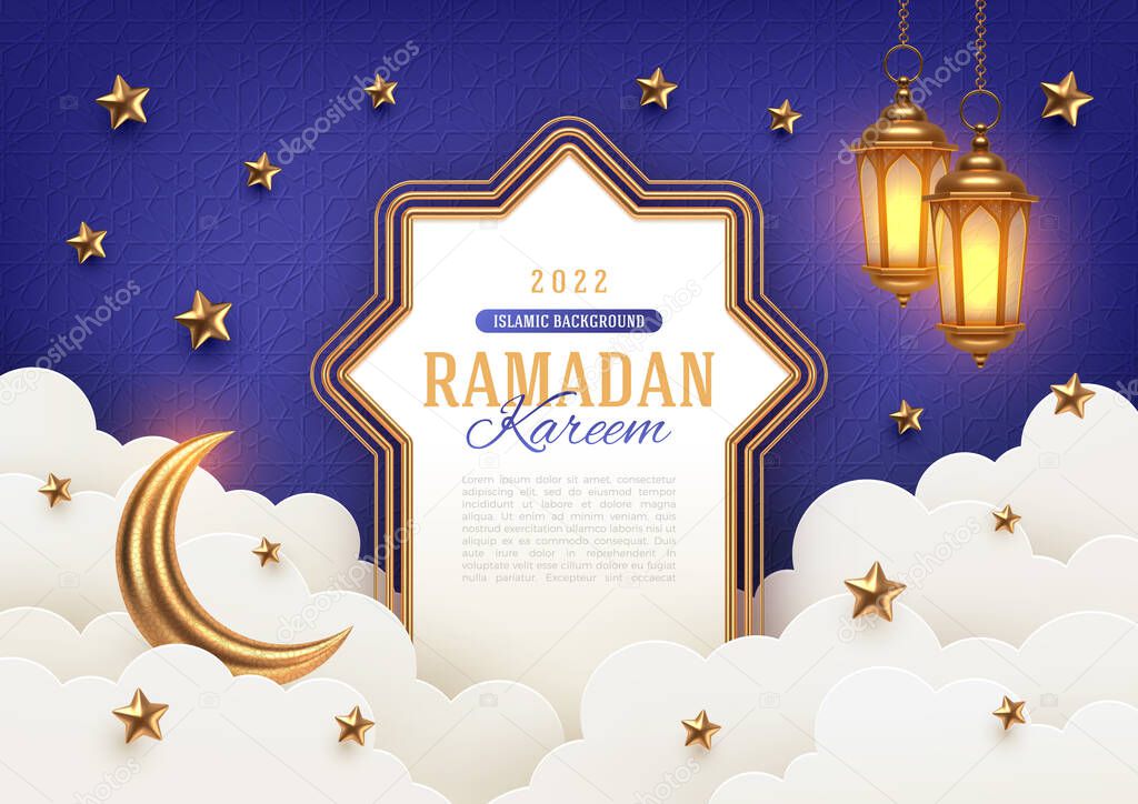 Ramadan Kareem concept vector illustration. Ramadan greeting card with golden arabic frame, crescent and lamp against a cloudy sky background with stars. Design for Holy month Ramadan celebration.