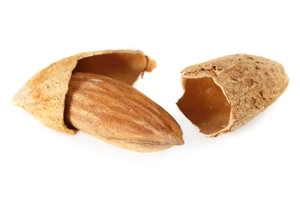 Roasted almond with kernel on white background — Stock Photo, Image