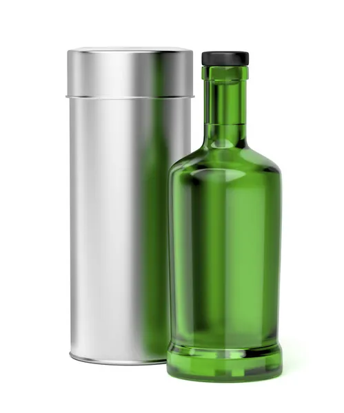 Grüne Glasflasche Für Alkoholische Getränke Und Metallbox Auf Weißem Hintergrund — Stockfoto