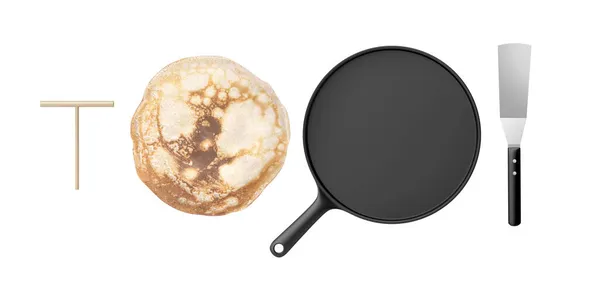 Pancake Padella Ghisa Spatola Divaricatore Legno Oggetti Isolati Sfondo Bianco — Foto Stock