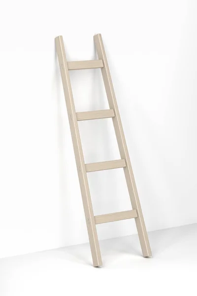 Ξύλινη Σκάλα Ακουμπισμένη Στον Λευκό Τοίχο — Φωτογραφία Αρχείου