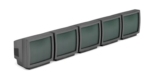 Fünf Röhrenfernseher Hintereinander Auf Weißem Hintergrund — Stockfoto
