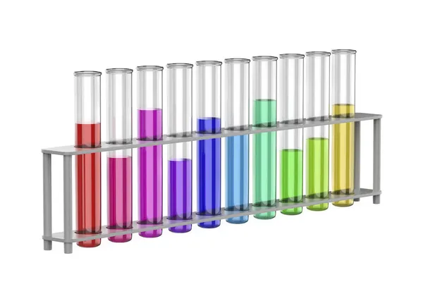 Test Tubes Colorful Liquids Rack White Background — Stock Photo, Image