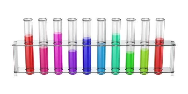 Test Tubes Colorful Liquids Rack White Background — Stock Photo, Image