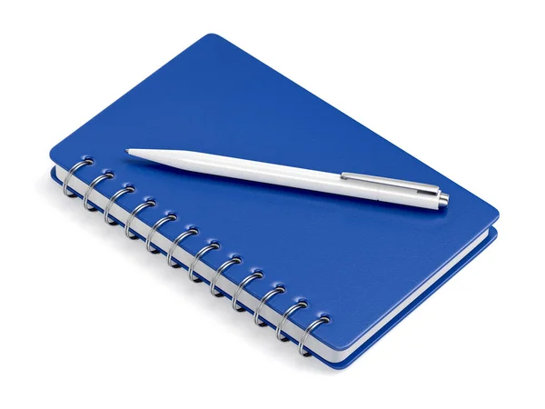 Cuaderno Espiral Azul Pluma Sobre Fondo Blanco —  Fotos de Stock