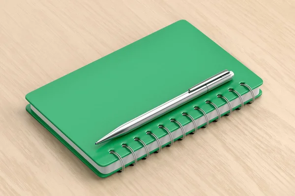 Зеленая Спираль Ноутбука Серебряная Ручка Деревянном Столе — стоковое фото