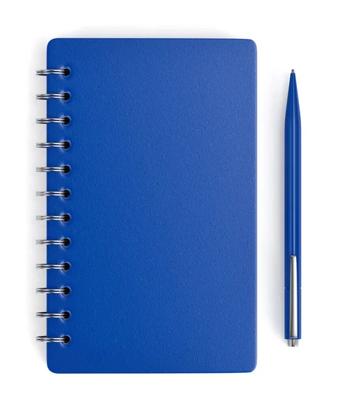 Niebieski Notatnik Spiralny Długopis Białym Tle Widok Góry — Zdjęcie stockowe