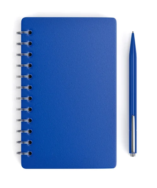 Caderno Espiral Azul Caneta Fundo Branco Vista Superior — Fotografia de Stock