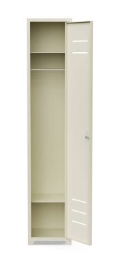 Beyaz arka planda boş metal dolap, ön manzara