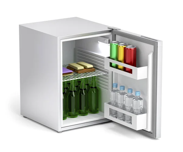 充满饮料和零食的银迷你冰箱 — 图库照片