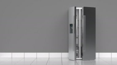 Mutfakta yan yana boş buzdolabı, ön manzara.