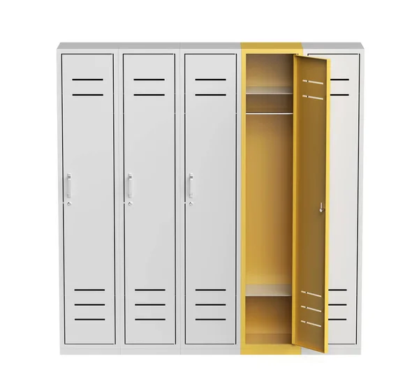 Front View Five Lockers White Background One Opened — Stock Photo, Image