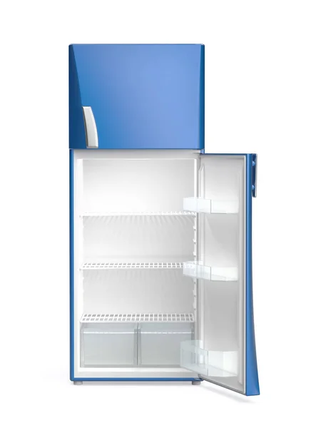 Κενό Μπλε Ψυγείο Λευκό Φόντο Μπροστινή Όψη — Φωτογραφία Αρχείου