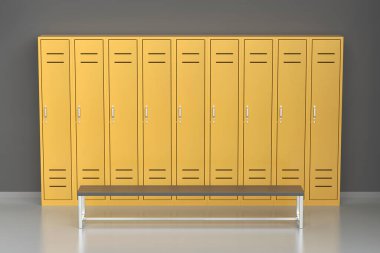 Soyunma odasında sarı metal dolaplar.