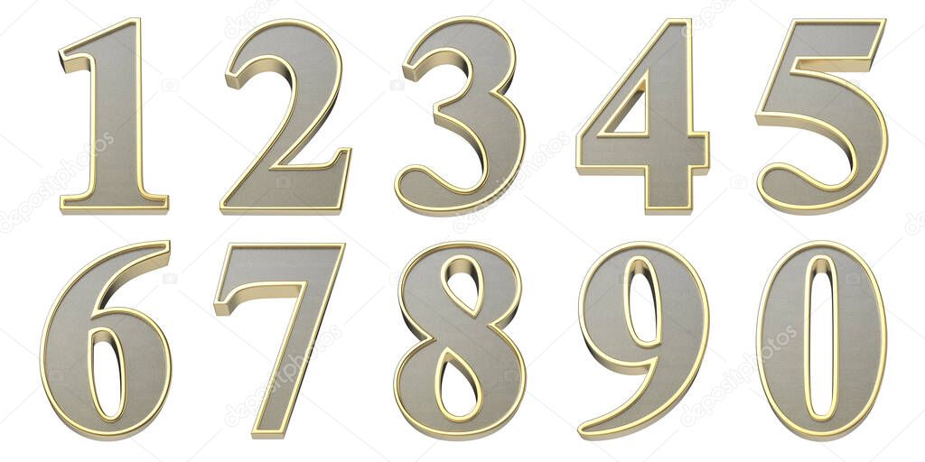 Set of golden 3D numbers, isolated on white background. Front view