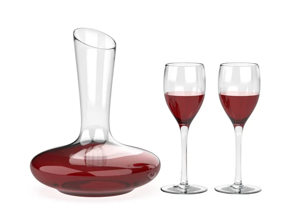 Dekanter Beyaz Zemin Üzerinde Kırmızı Şarap Olan Iki Bardak — Stok fotoğraf