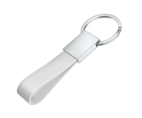 Silver Keychain White Leather Strap Isolated White Background — 图库照片