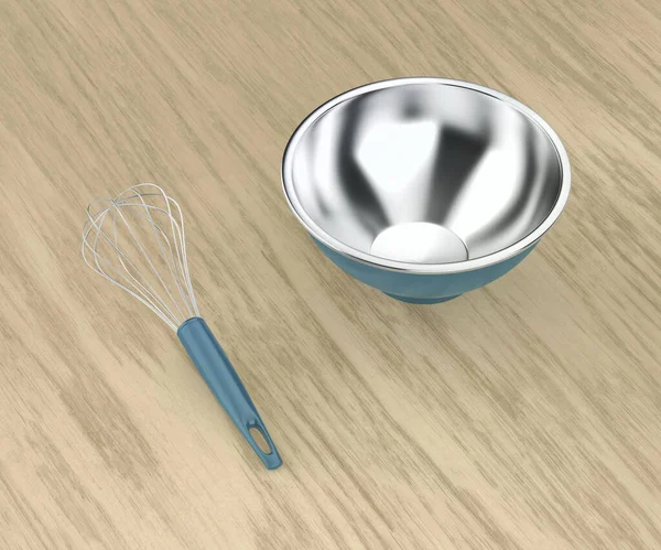 Balloon Whisk Empty Metal Bowl Wood Table — Stock Photo, Image