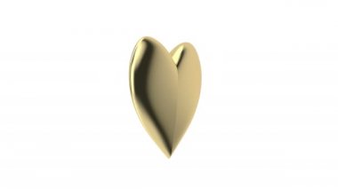 Shiny gold heart spins on white background