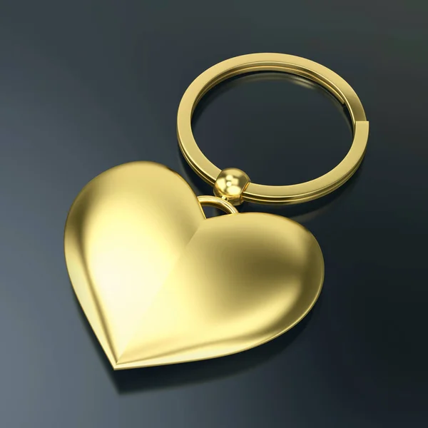 Shiny Gold Keyring Heart Dark Background — Zdjęcie stockowe