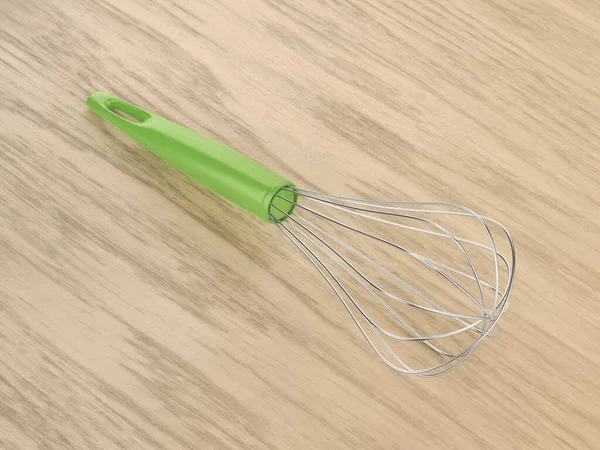 Metal Balloon Whisk Wooden Table — 스톡 사진