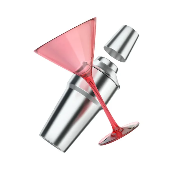 Silver Shaker Red Cocktail Glass Isolated White Background — Stok fotoğraf
