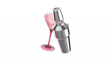 Silver shaker and red cocktail glass on white background