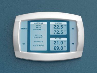 Modern thermostat on blue wall, front view