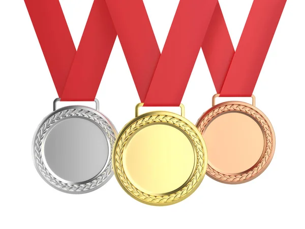Gold Silver Bronze Medals Isolated White Background Front View — Stockfoto