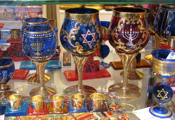 Three glasses from color glass with the Jewish symbols — Stock Photo, Image