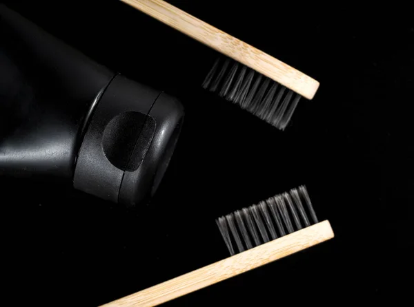 Two Eco Natural Bamboo Toothbrushes Black Frame Black Background — Stock Photo, Image