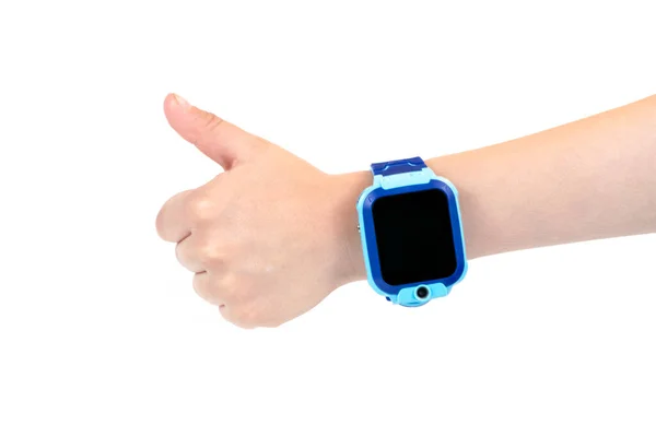 Hand Boy Met Stijlvolle Smart Watch Witte Achtergrond Close — Stockfoto