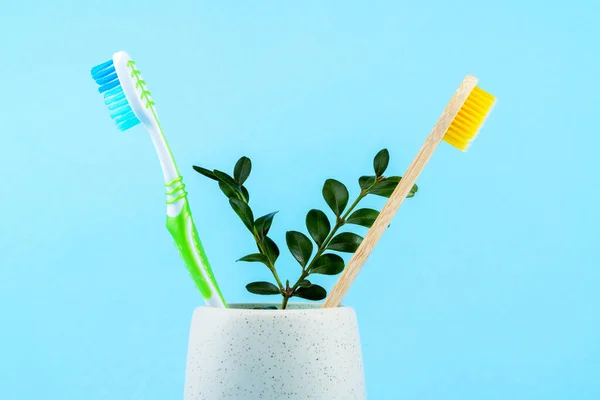 Two Toothbrushes Natural Environmentally Friendly Bamboo Plastic Glass — Stock Photo, Image
