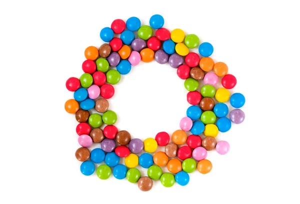 Marco Colorido Dragees Dulces Multicolores Redondo Bonbons Dispersos Sobre Fondo —  Fotos de Stock