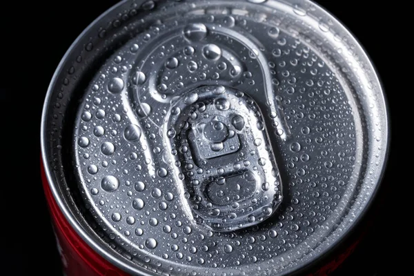 Aluminum Can Beverage Covered Water Drops Black Background — Stock Fotó