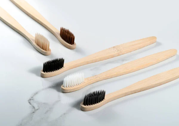 Five Bamboo Toothbrushes Grey Background — Stock Photo, Image