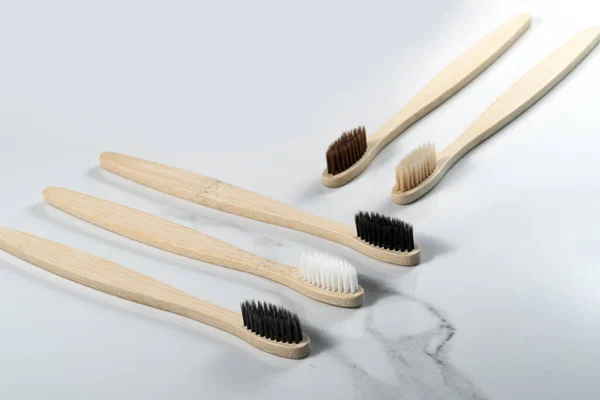 Five Bamboo Toothbrushes Grey Background — Stock Photo, Image