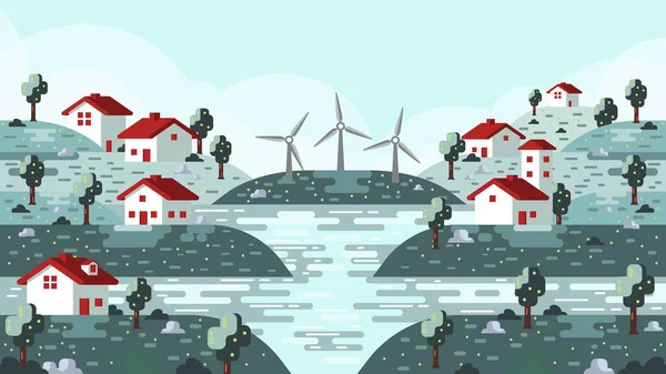 Paisaje Rural Dibujos Animados Con Turbinas Viento Energía Eólica Ecosistema — Archivo Imágenes Vectoriales