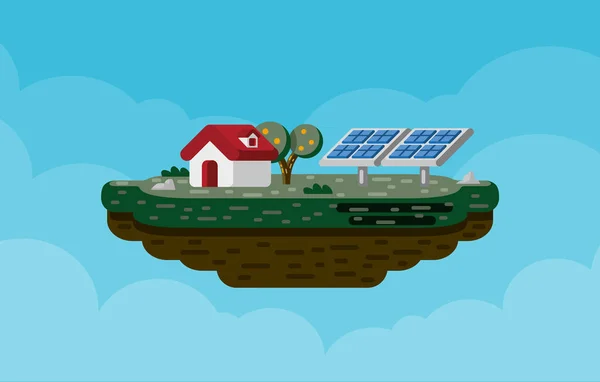 自給自足の電力概念 太陽光パネルに接続されたフローティングアイランドの環境に優しい家 自律的な電力持続可能なエネルギー生態系 フラットデザイン 編集可能なベクトル — ストックベクタ