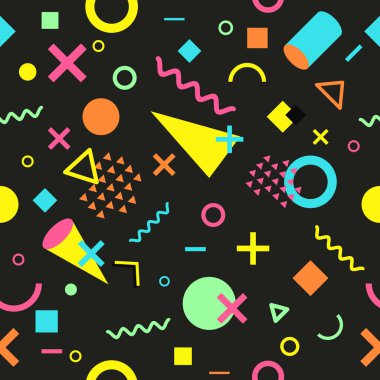 Koyu arkaplanda çok renkli geometrik şekilli vektörsüz desen. Retro vintage soyut sanat baskısı. Moda 80 'ler-90' lar. Memphis tarzı tasarım. Duvar kağıdı, kumaş tasarımı, kumaş, kağıt, tekstil.