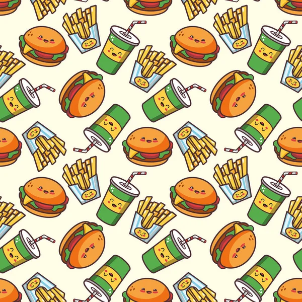 Schattig Cheerful Fast Food Producten Naadloos Patroon — Stockvector